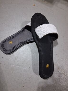 Black Slide Sandals with White Beaded Strap